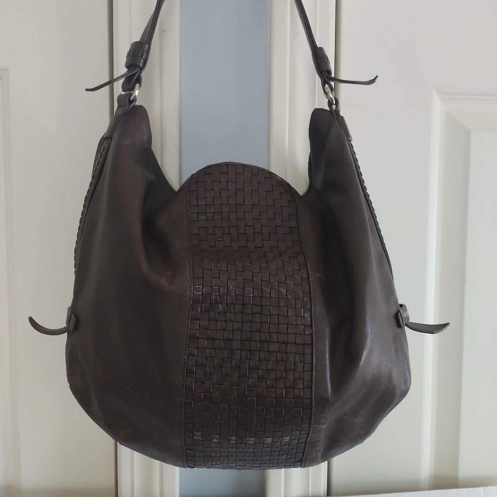 Cole Haan Bethany Weave Single Strap Leather Hobo Bag Chestnut Brown